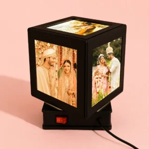 Side view of custom LED photo cube with rotating display