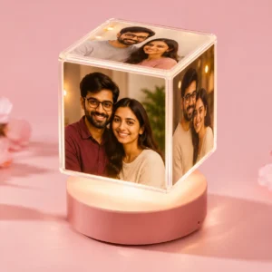 Front view of personalized LED rotating photo cube lamp