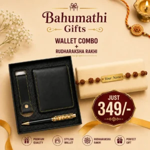 Personalized Rudraksha Rakhi with premium wallet gift set for brother