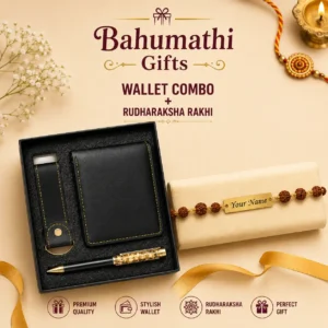 Personalized Rudraksha Rakhi with premium wallet gift set for brother