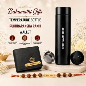 Personalized Rudraksha name Rakhi with temperature display bottle and premium wallet combo
