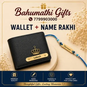 Personalized name Rakhi with black wallet Raksha Bandhan gift combo for brother