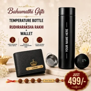 Personalized Rudraksha name Rakhi with temperature display bottle and premium wallet combo