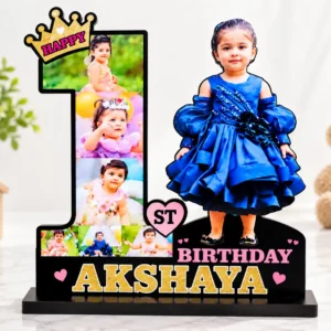 Personalized 1st birthday photo collage standee with baby's name and photos
