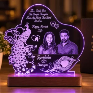 Personalized couple LED lamp with photo, names and peacock feather design