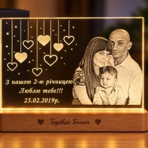 Personalized family photo LED lamp with custom message and illuminated acrylic design