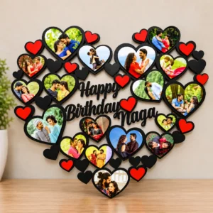 Personalized heart shaped photo collage with multiple photos and custom birthday message