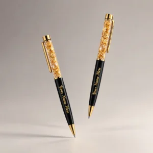 Personalized black and gold name pen with custom text