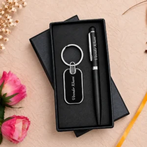 Personalized black pen and keychain gift set in presentation box