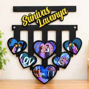 Personalized couple photo collage wall hanging with names and heart-shaped photo frames