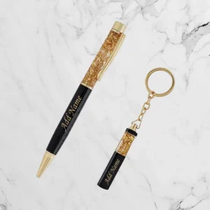 Personalized golden pen and keychain gift set with custom name