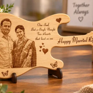 Personalized guitar shaped wooden photo frame with couple photo engraving
