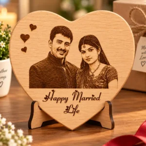 Personalized heart shaped wooden photo frame for couples