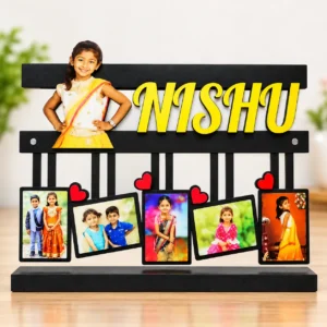 Personalized kids name photo frame with multiple hanging photos
