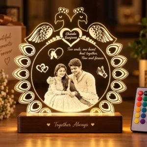 Personalized peacock couple photo LED lamp with custom names