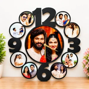 Personalized photo wall clock with multiple photo frames