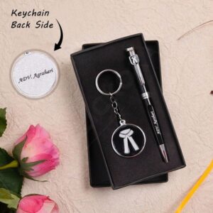 Personalized silver pen and keychain gift set with custom name