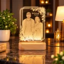 Personalized couple photo acrylic LED lamp with floral design, custom names and wooden-style base