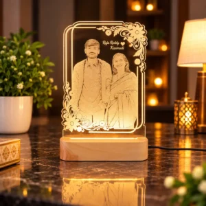 Personalized couple photo acrylic LED lamp with floral design, custom names and wooden-style base