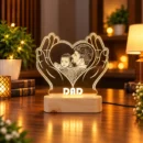 Personalized dad photo acrylic LED lamp with heart-shaped father and child design and wooden-style base