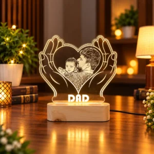 Personalized dad photo acrylic LED lamp with heart-shaped father and child design and wooden-style base