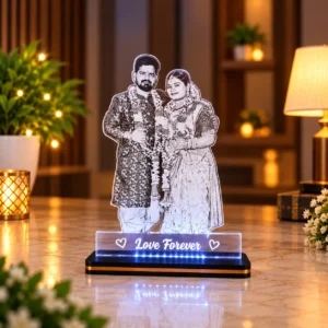 Personalized couple photo acrylic LED lamp with an illuminated portrait and Love Forever text