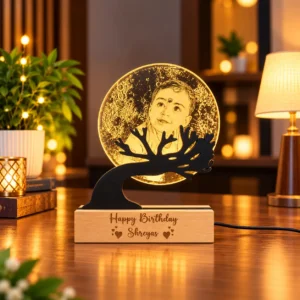 Personalized baby photo acrylic LED lamp with a round portrait, tree silhouette and custom