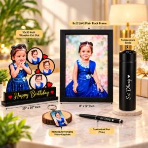 Personalized 10x10 wooden cutout with 8x12 black photo frame temperature bottle and customized pen