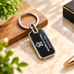 Personalized black metal keychain with custom name and message