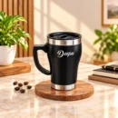 Personalized black travel mug with custom name and stainless steel accents