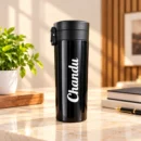 Personalized black tumbler with custom name for office and travel