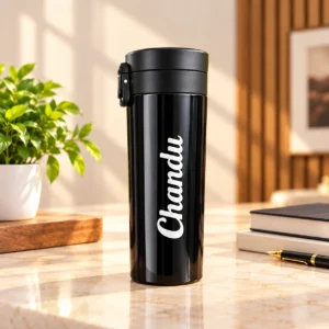 Personalized black tumbler with custom name for office and travel
