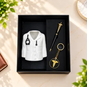 Personalized doctor gift set with doctor coat stand pen and keychain