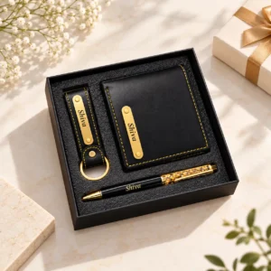 Personalized executive gift set with wallet pen and keychain