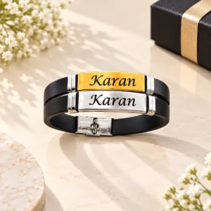 Personalized name bracelet with two custom metallic name plates