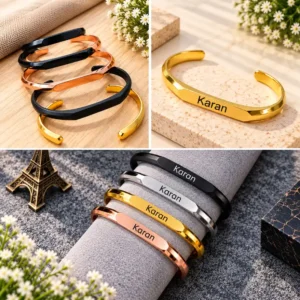 Personalized name cuff bracelet with custom name in gold, silver, black and rose gold finishes