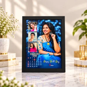 Personalized photo calendar frame with name bottle and engraved pen gift combo