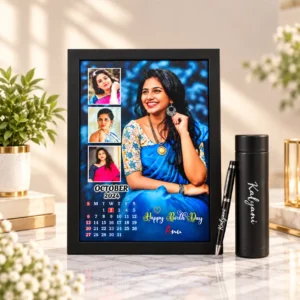 Personalized photo calendar frame with name bottle and engraved pen gift combo
