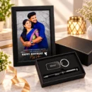 Personalized photo frame with engraved pen and keychain gift combo in premium black box