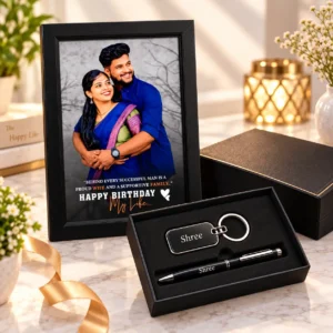 Personalized photo frame with engraved pen and keychain gift combo in premium black box