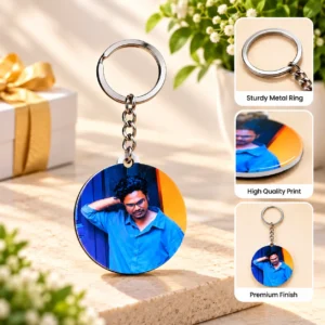 Personalized round photo keychain with custom photo and metal ring