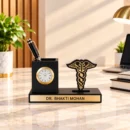 Personalized doctor desk organizer with clock and pen holder