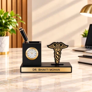 Personalized doctor desk organizer with clock and pen holder