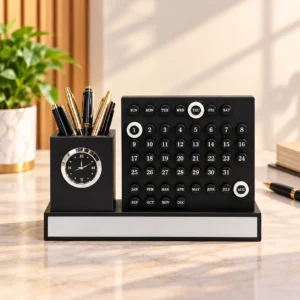 Premium wooden desk organizer with calendar and pen holder
