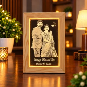 Personalized couple photo frame LED lamp with custom names and warm golden illuminated border